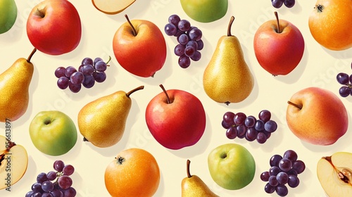 A photorealistic seamless pattern of assorted fruits including apples pears and grapes