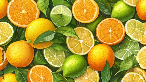 A seamless pattern with a photorealistic depiction of whole and sliced oranges lemons and limes