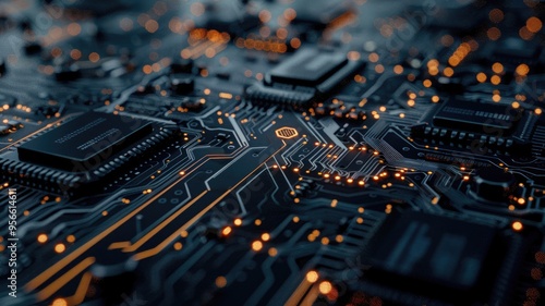 Abstract picture of chip on complex circuit with digital technology style design and the electric light graphic show dynamic movement represent about processor algorithm process on computer. AIG53.