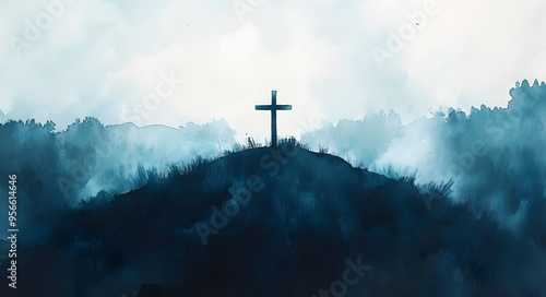 “Watercolor Painting Depicting a Cross on a Hilly Background, Emphasizing Spirituality, Faith, and Tranquility in a Serene Natural Landscape” 