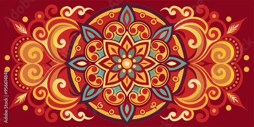 Abstract Red, Yellow, and Teal Pattern with Circular Mandala Centerpiece