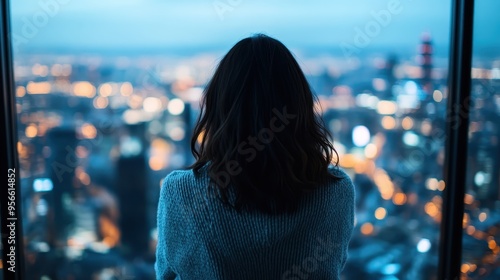 A woman stands indoors, gazing out at a sprawling cityscape through a tall window at dusk, capturing a moment of contemplation and wonder as city lights begin to sparkle. photo