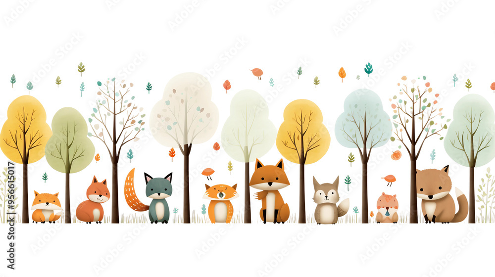 Fototapeta premium A group of cartoon animals are sitting in a forest