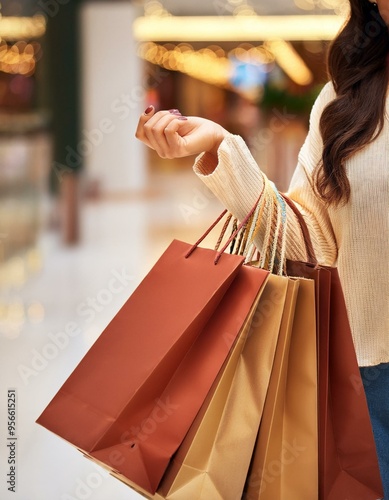 Mujer con bolsas de compras en el brazo en el centro comercial