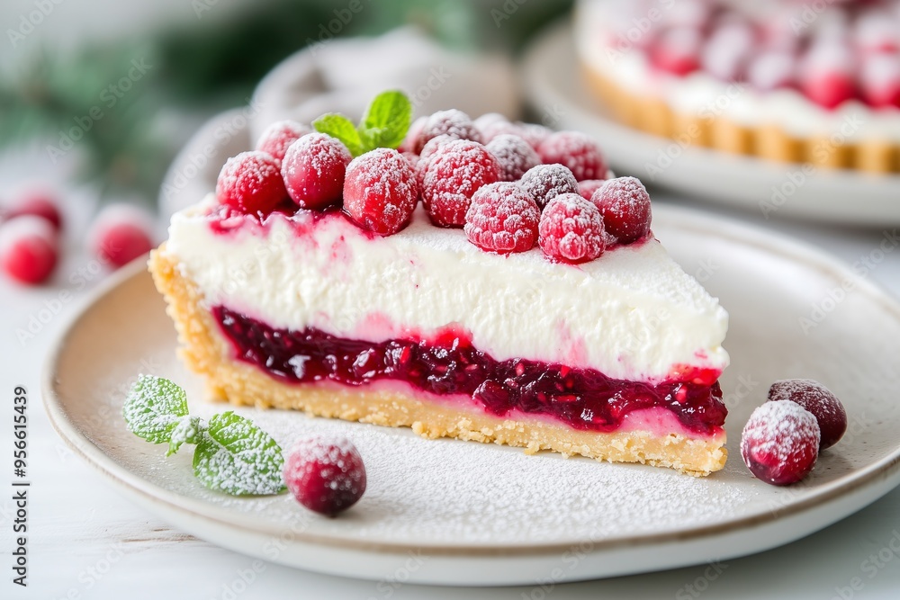 festive layered tart with a graham cracker crust, featuring a vibrant cranberry or raspberry filling and a creamy white top layer. The cake is topped with sugared cranberries festive layered tart with a graham cracker crust, featuring a vibrant cranberry or raspberry filling and a creamy white top layer. The cake is topped with sugared cranberries