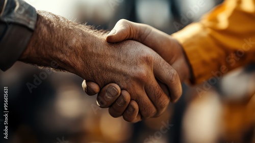 An expressive close-up of a handshake representing a professional agreement between two individuals. Ideal for depicting collaboration, mutual respect, and successful partnerships.