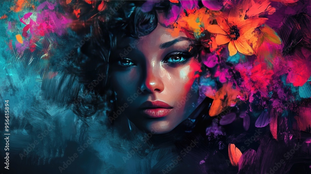 A Woman's Face Partially Hidden by Flowers and Paint A Woman's Face Partially Hidden by Flowers and Paint