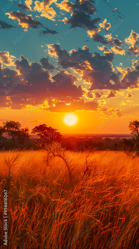 Fototapeta premium Sunrise over the savanna and grass fields in central Kruger National Park in South Africa