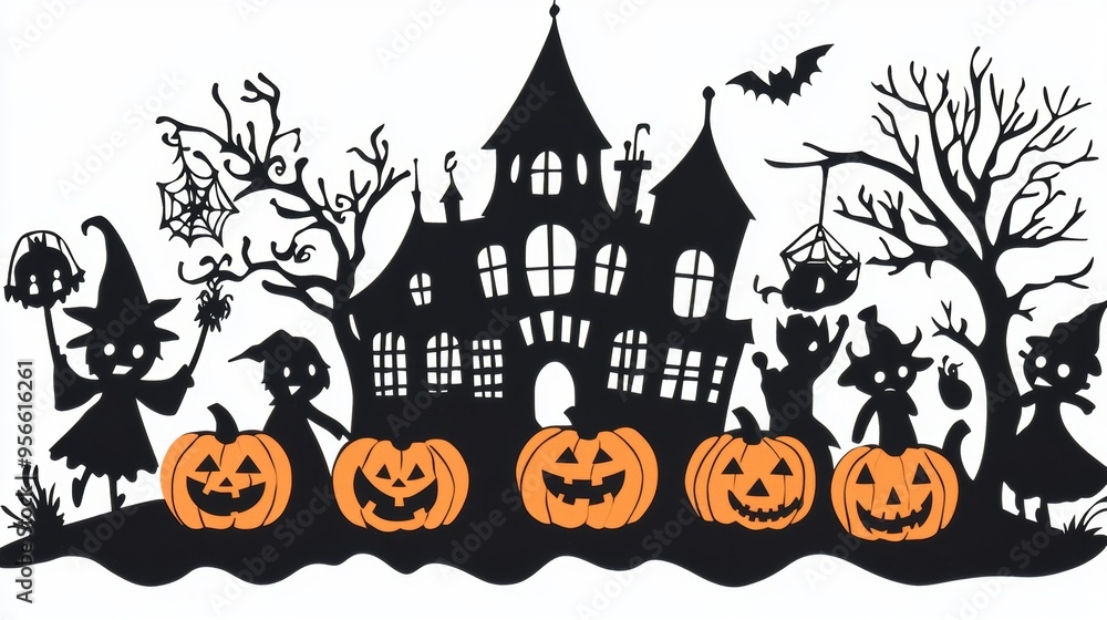A Halloween night illustration with a haunted house and children in spooky costumes. The children are trick-or-treating around a group of pumpkins, each with a carved face, and the scene is isolated A Halloween night illustration with a haunted house and children in spooky costumes. The children are trick-or-treating around a group of pumpkins, each with a carved face, and the scene is isolated