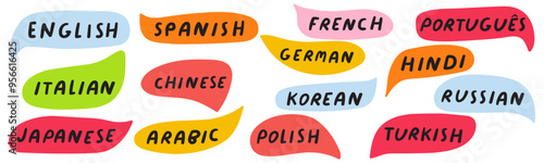 Languages of the world. Banner. Multicolored speech bubbles. Hand drawn illustration on white background.