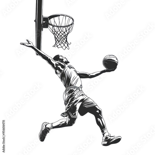 A basketball player is in mid-air, reaching for the basketball
