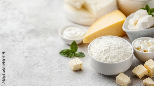 This image showcases a clean and minimalist arrangement of various dairy products on a flat, light-colored surface, combining elements of diverse cheeses and powdered milk in bowls. photo