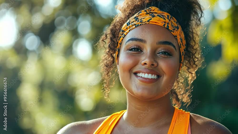 A confident plus-size woman in vibrant workout gear, smiling after an outdoor exercise session, representing body positivity and active lifestyles. A confident plus-size woman in vibrant workout gear, smiling after an outdoor exercise session, representing body positivity and active lifestyles.