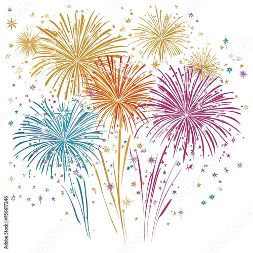 A colorful fireworks display with a white background