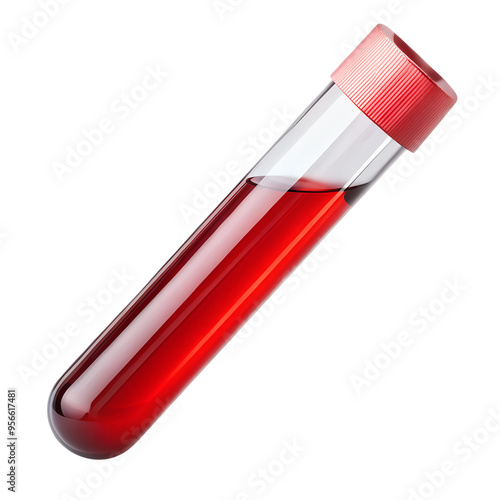 Test tube with red blood sample on transparent background.  photo
