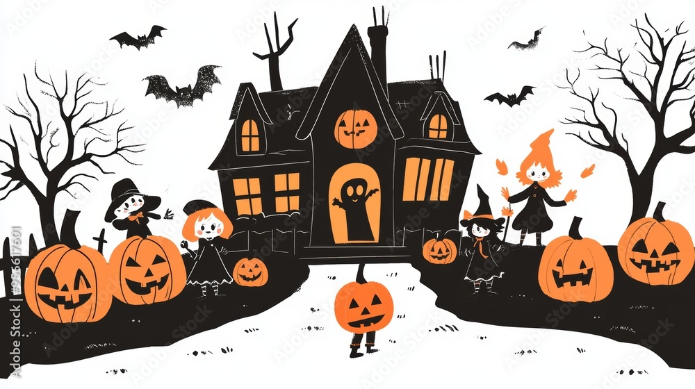 Fototapeta premium A set of Halloween pumpkins in various sizes, each one featuring a different scary face, from grinning to frowning. The pumpkins are arranged in a playful yet spooky composition, with glowing eyes