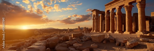 An ancient temple bathes in the golden hues of the setting sun, its stone columns standing as silent witnesses to the past, while the warm glow envelops the ruins. photo