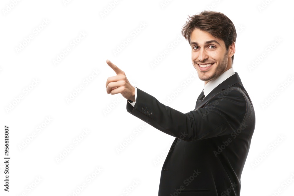 A man in a suit is pointing to the camera with a smile on his face