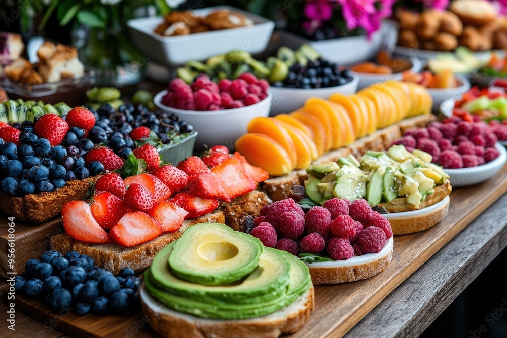 A colorful array of fresh fruits including strawberries, blueberries, raspberries, kiwis, and avocados arranged beautifully on a wooden table, promoting healthy eating. A colorful array of fresh fruits including strawberries, blueberries, raspberries, kiwis, and avocados arranged beautifully on a wooden table, promoting healthy eating.