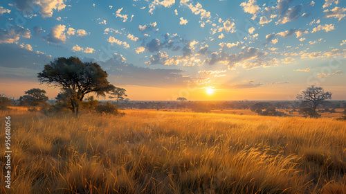 Sunrise over the savanna and grass fields in central Kruger National Park in South Africa