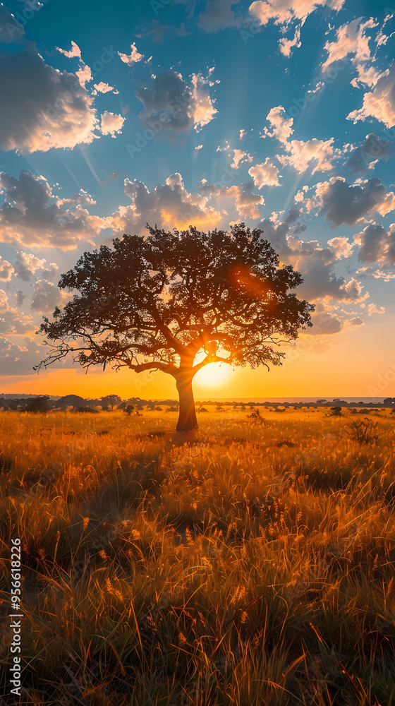 Fototapeta premium Sunrise over the savanna and grass fields in central Kruger National Park in South Africa