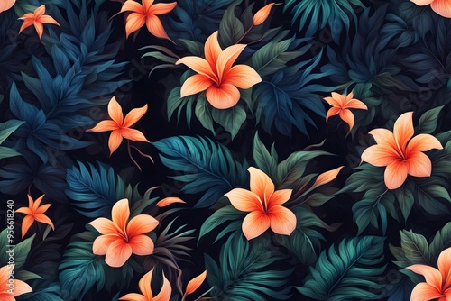 A tropical night themed floral pattern with glowing flowers and leaves on a dark background, AI Generated