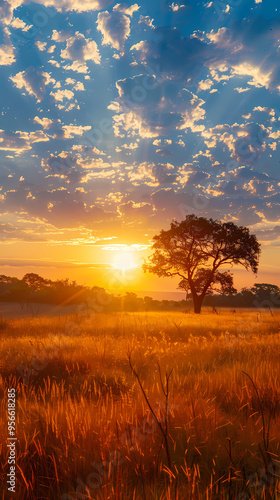 Sunrise over the savanna and grass fields in central Kruger National Park in South Africa