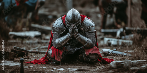 A knight praying on his knees before battle, with a solemn expression on his face, demonstrating the spiritual aspect of medieval warriors.