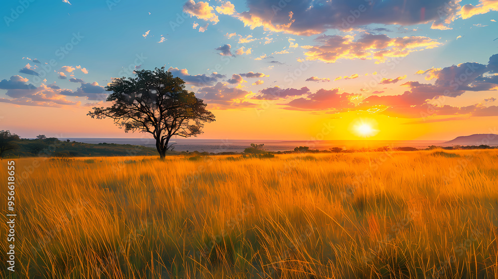 Fototapeta premium Sunrise over the savanna and grass fields in central Kruger National Park in South Africa