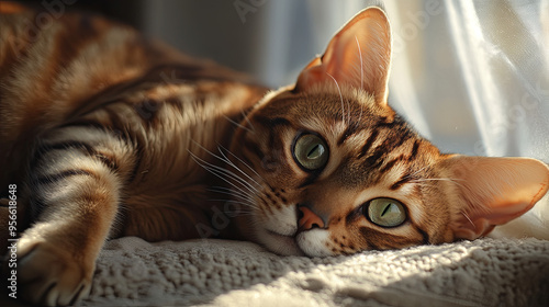 A striking image of a Bengal cat with piercing green eyes lounging on a cozy windowsill with soft, natural light streaming in.