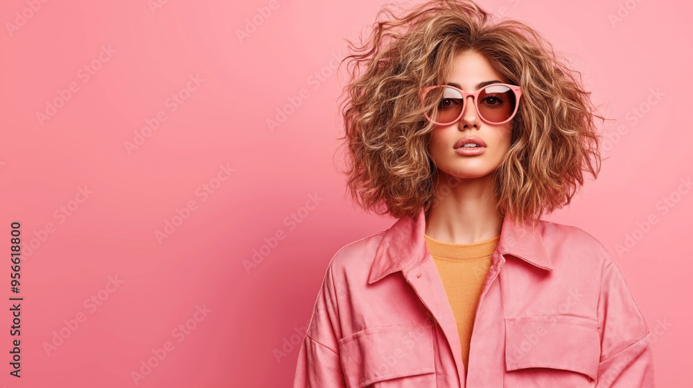 Young woman with curly hair wearing pink sunglasses and a pink jacket against a pink background. Her trendy, casual fashion style stands out. Young woman with curly hair wearing pink sunglasses and a pink jacket against a pink background. Her trendy, casual fashion style stands out.