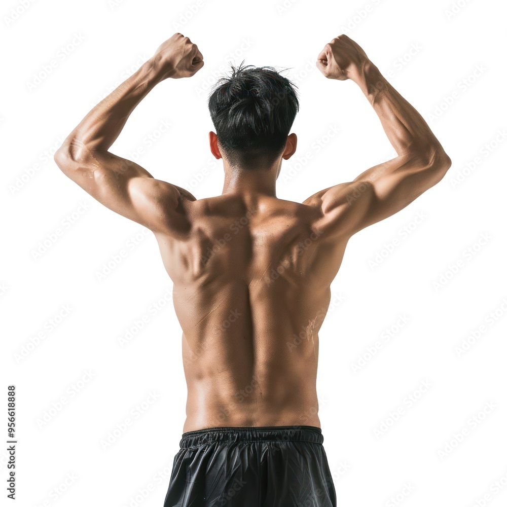 A man with a muscular back and arms is flexing his muscles A man with a muscular back and arms is flexing his muscles