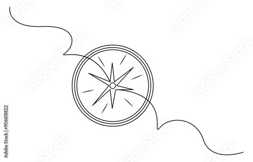 One continuous line drawing of traveler compass. Old navigate and adventure symbol in simple linear style. Business strategy and adventure concept in editable stroke. Doodle vector illustration