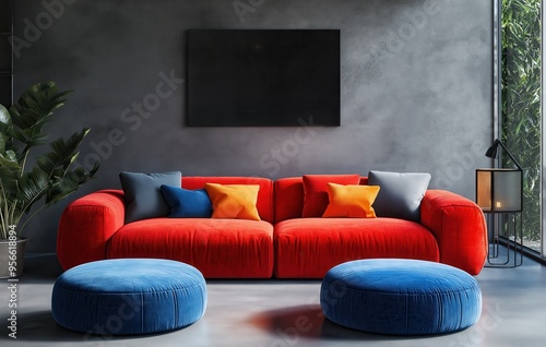 Modern living room with a yellow couch, red ottoman, and green plants under natural light in a stylish urban setting