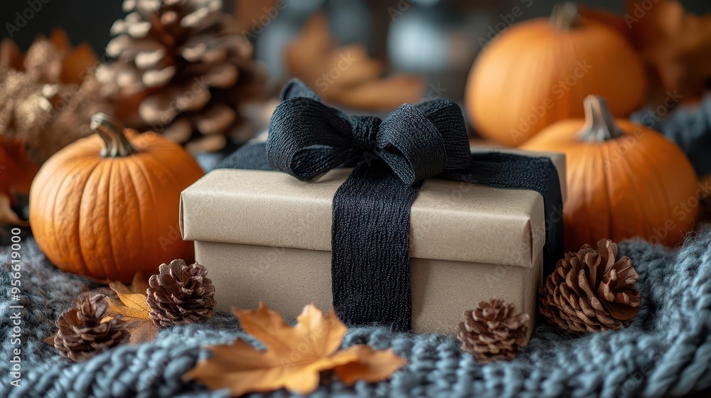 festive autumn flat lay with ecofriendly gift box black ribbon seasonal decor and negative space warm tones soft lighting rustic textures on neutral backdrop festive autumn flat lay with ecofriendly gift box black ribbon seasonal decor and negative space warm tones soft lighting rustic textures on neutral backdrop