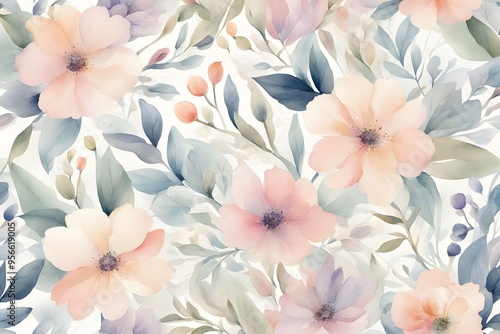 A watercolor floral pattern with softly blended flowers and leaves in pastel shades, AI Generated