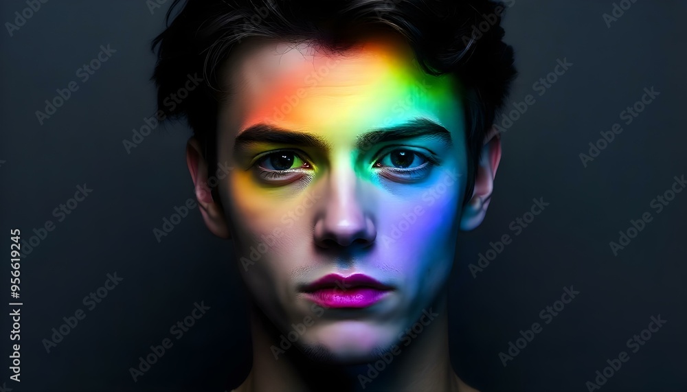 ADHD Autism on the spectrum, mental health a rainbow light glows against a teenage boy face ADHD Autism on the spectrum, mental health a rainbow light glows against a teenage boy face