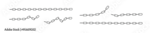 Free metal chain with whole or break steel chrome links. Collection of seamless metal chains colored silver. Vector