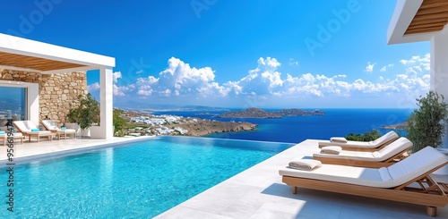 Tranquil infinity pool overlooking the azure waters of Mykonos on a sunny afternoon with clear skies and scenic hills