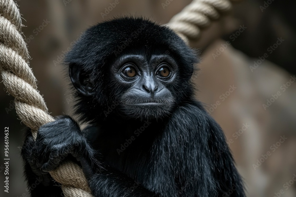Close-up Portrait of a Young Black-Furred Monkey Holding onto Rope Close-up Portrait of a Young Black-Furred Monkey Holding onto Rope