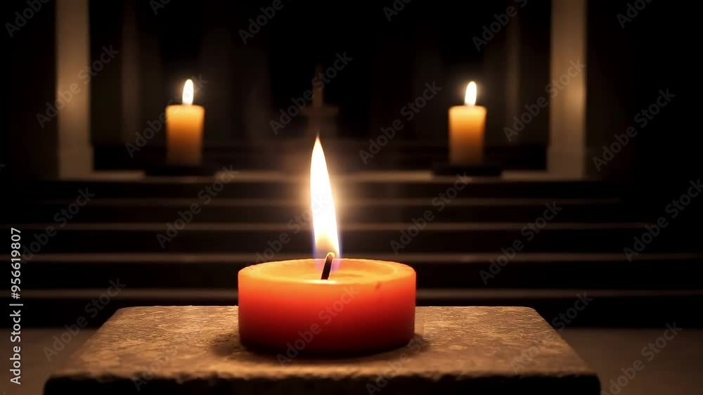 Orange candle burns steadily in a church, radiating a warm glow. Flanking the scene, two blurred candles enhance the serene and reflective ambiance Orange candle burns steadily in a church, radiating a warm glow. Flanking the scene, two blurred candles enhance the serene and reflective ambiance