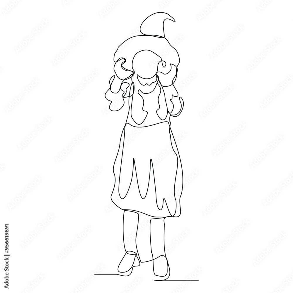 Continuous single line sketch drawing of woman witch wizard magician cone hat halloween costume do magic trick one line vector illustration Continuous single line sketch drawing of woman witch wizard magician cone hat halloween costume do magic trick one line vector illustration