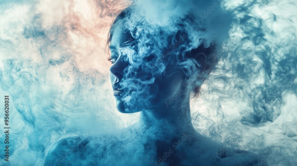 Woman's Face Partially Obscured by Blue Smoke Woman's Face Partially Obscured by Blue Smoke