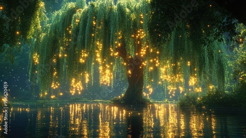 Magical willow tree grove, with glowing vines, hovering lights, and a mystical pond, fantasy environment, 3D illustration