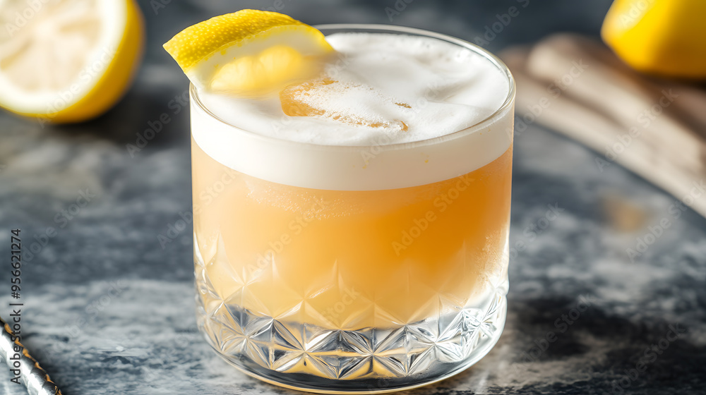 Whiskey Sour in a rocks glass, with a frothy top and lemon slice garnish Whiskey Sour in a rocks glass, with a frothy top and lemon slice garnish
