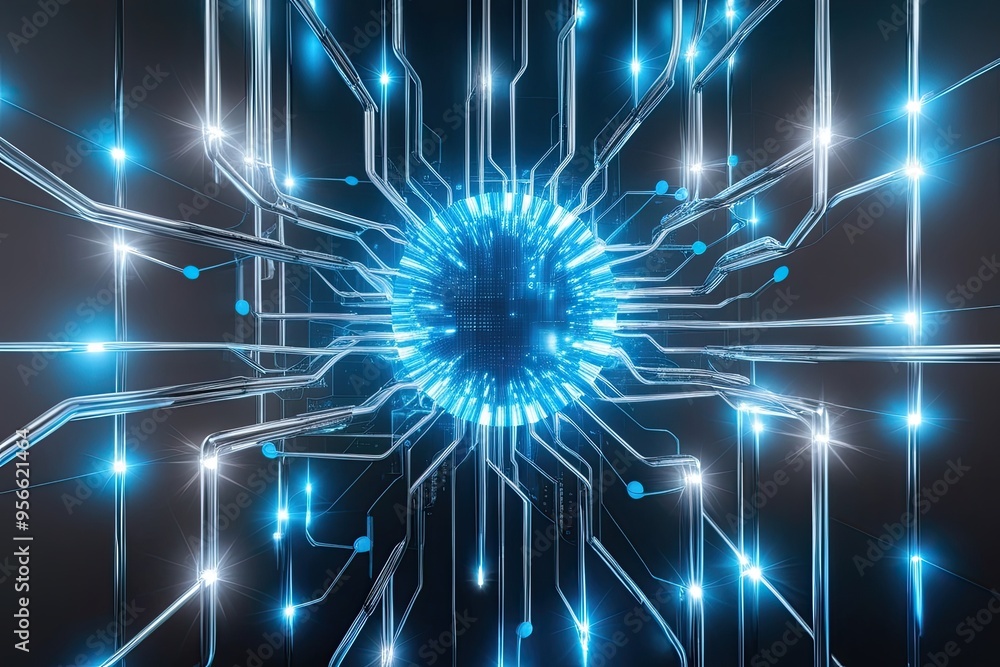 Fototapeta premium Exquisite Abstract Digital Network Display with Bright Flickering Lights and Data Links in Intense Blue and Silver Schemes