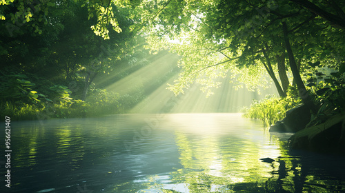 A calm river flowing through a dense forest in summer, with sunlight filtering through the leaves.