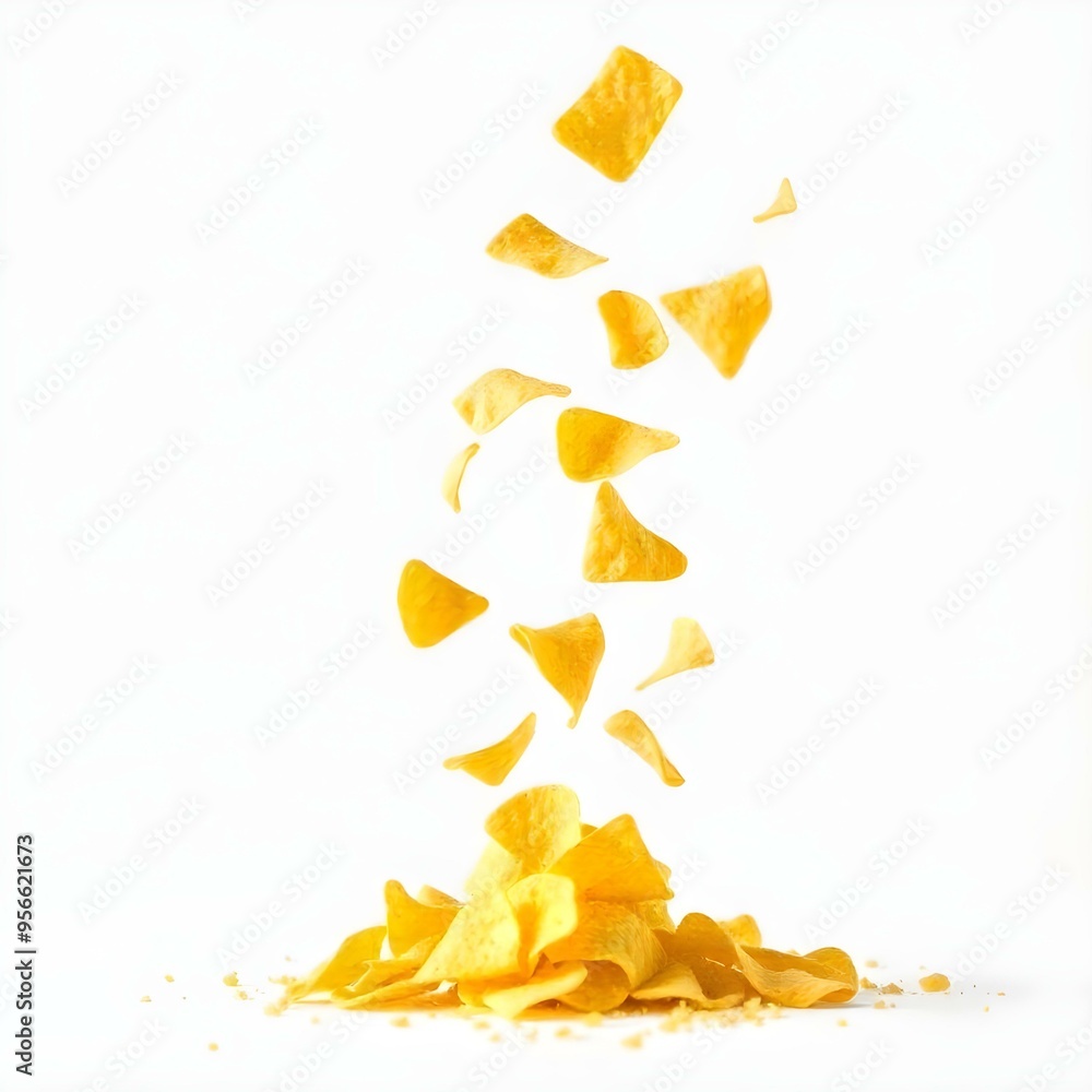 Pile tortilla chips crumbs, yellow pieces flying isolated on white background high saturation Pile tortilla chips crumbs, yellow pieces flying isolated on white background high saturation