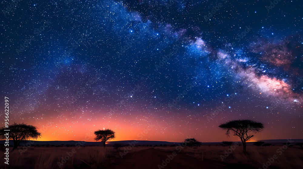 Fototapeta premium Silhouette tree in Africa with stars and the Milky Way in the background. A dark tree silhouetted against the setting sun.