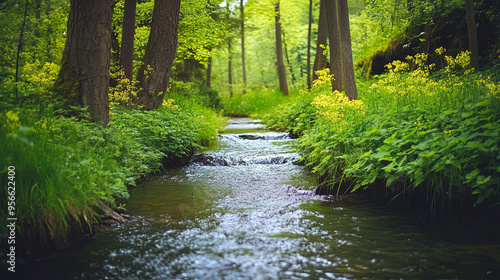 A narrow creek flowing through a dense forest in spring, surrounded by fresh green growth.